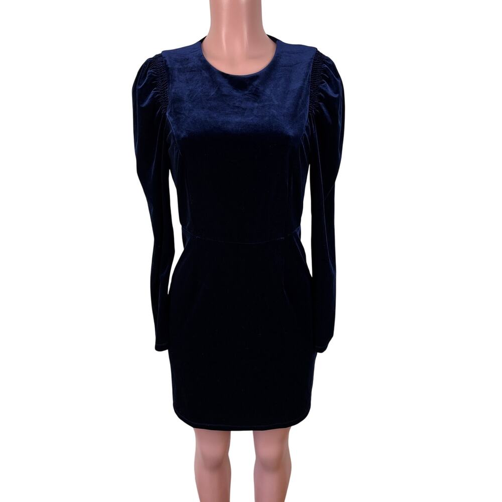 Sugar Lips Blue Velvet Long Sleeve Mini Dress Open Back Puff Shoulder cocktail